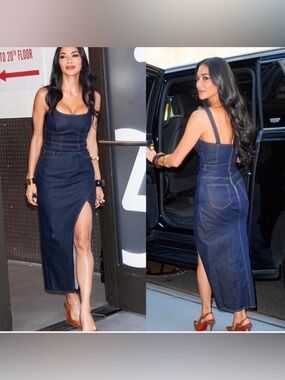 Brandon Maxwell Dark Blue Denim Midi Dress with Thigh Slit